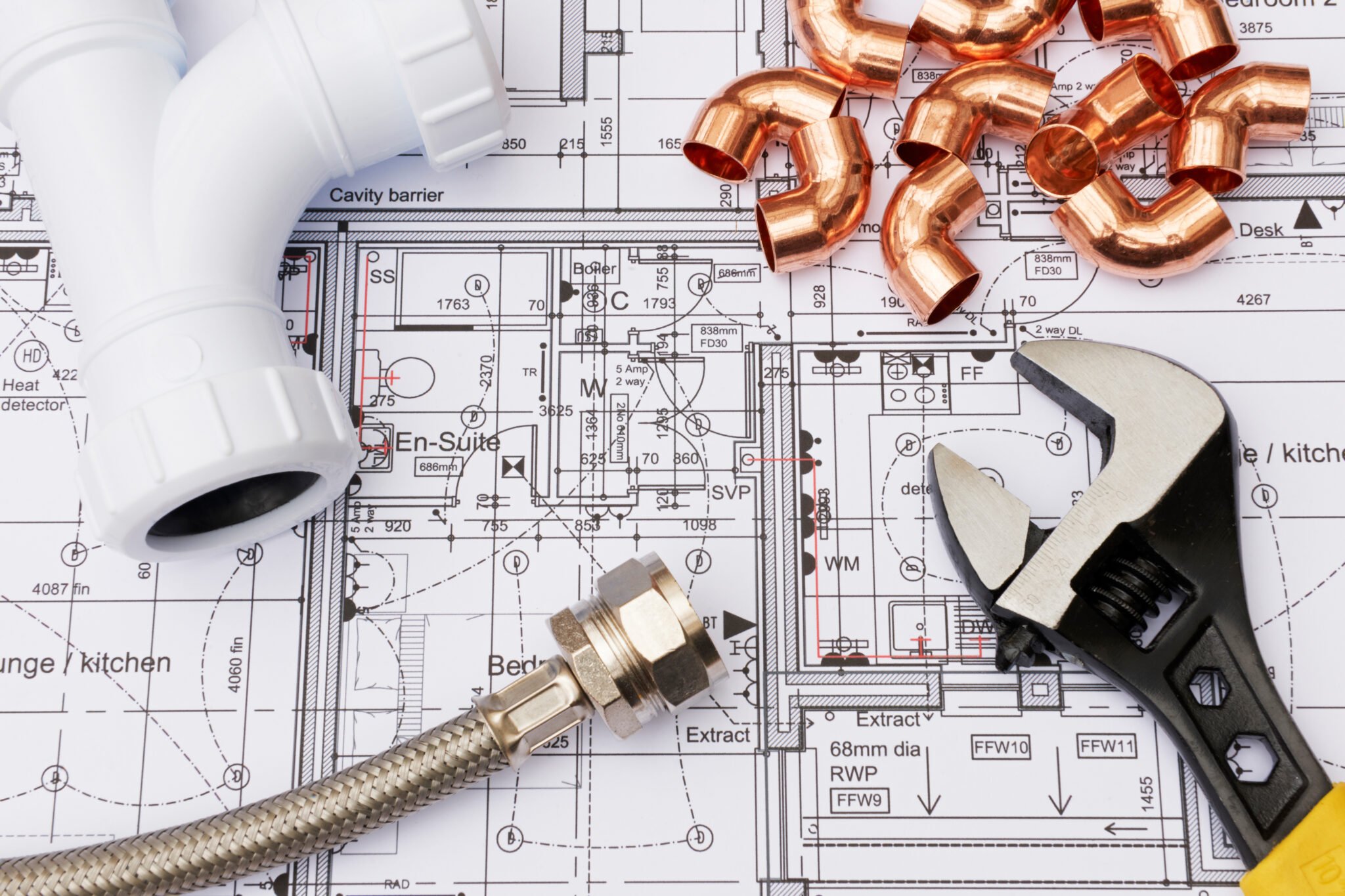 Plumbing Components Arranged On House Plans plumber-chiswick